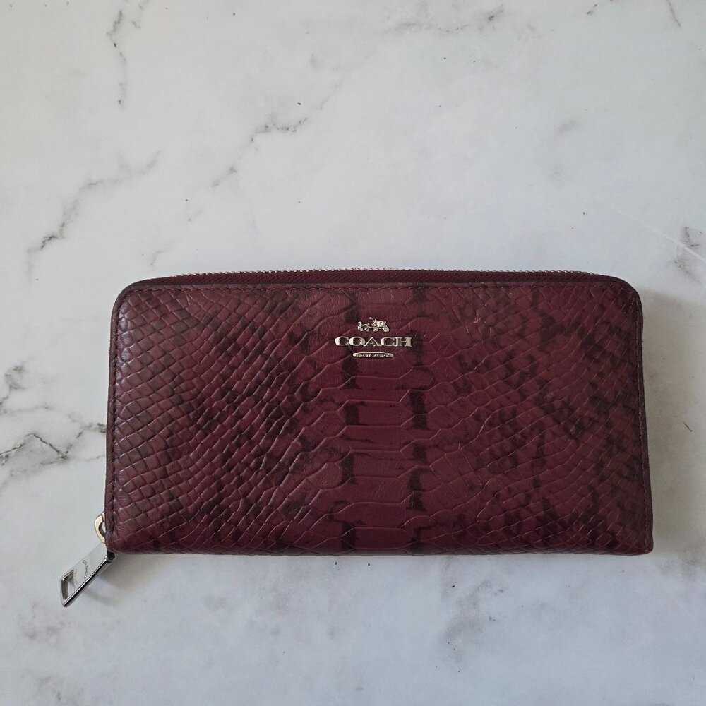 Coach Burgundy Python Embossed Leather Zip Around Wallet